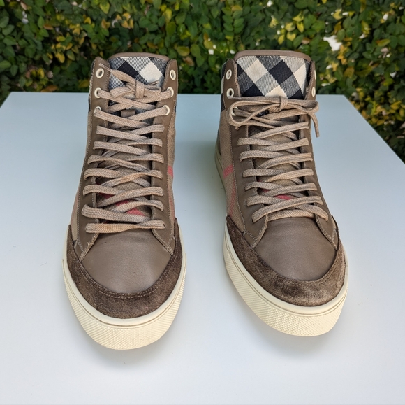 🤎 BURBERRY CANVAS LEATHER HIGH TOP MENS SNEAKERS - Picture 2 of 14
